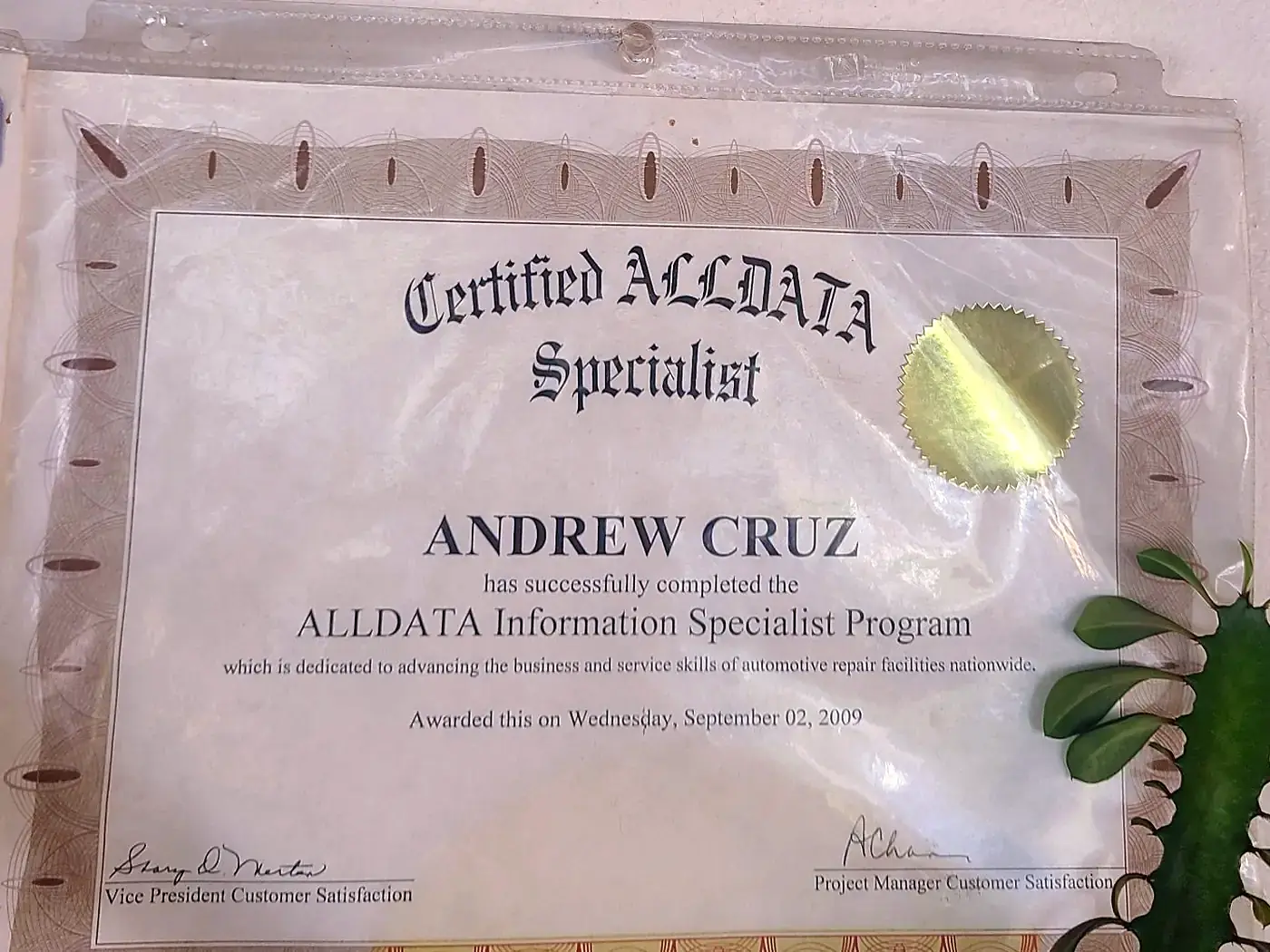 Andrew Cruz’s Certified ALLDATA Specialist certificate