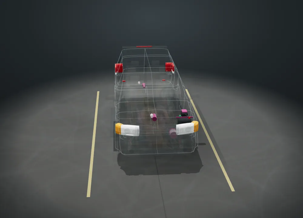 See-through 3D Toyota Sequoia with 6 parts lit up for electrical repair