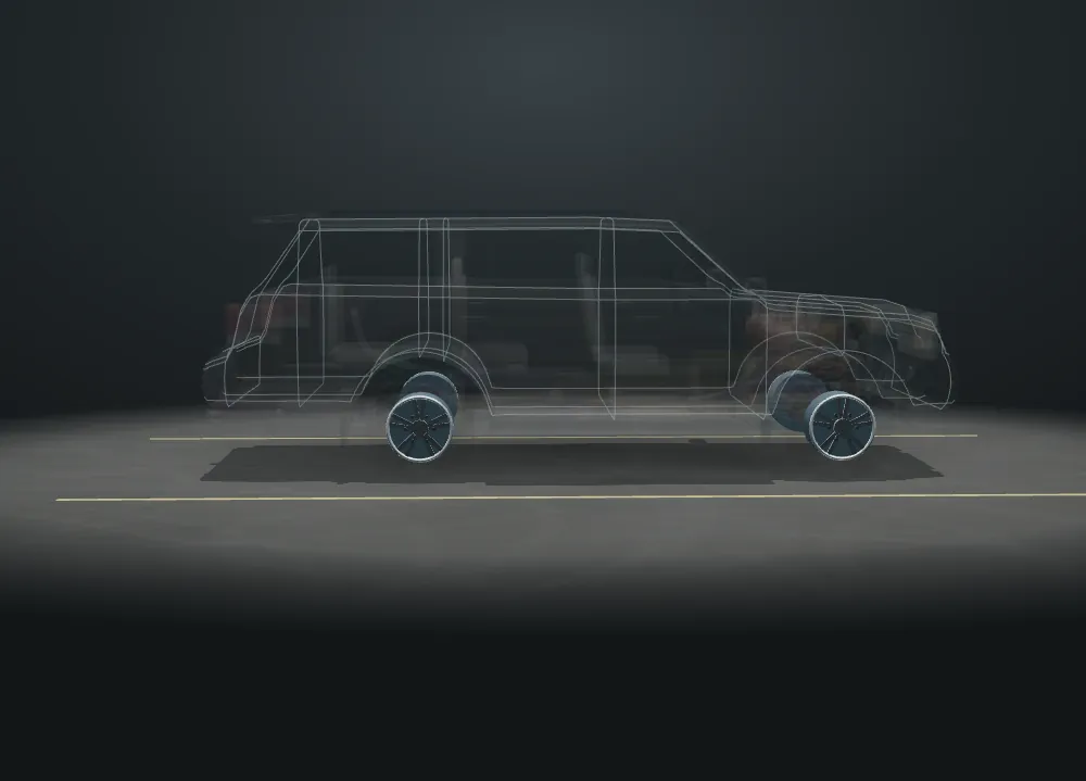 See-through 3D Toyota Sequoia with 1 part lit up for wheel balancing